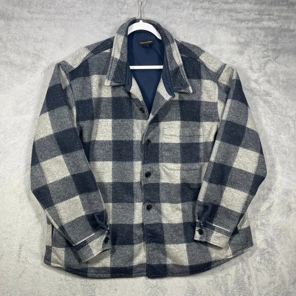 Banana Republic Jacket Mens XXL Grey Blue Buffalo Plaid Wool Blend Shacket READ